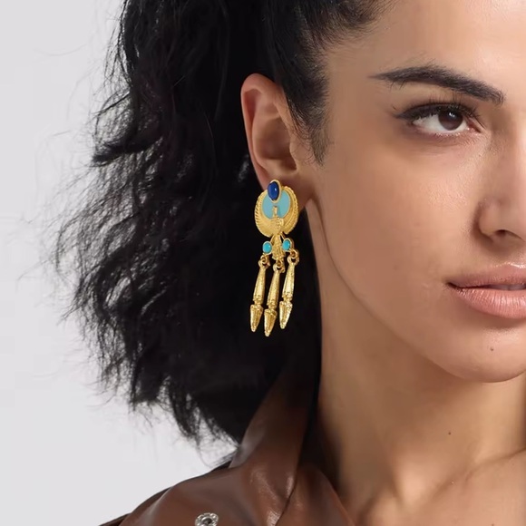 Anthropologie Jewelry - Egyptian Ethnic God Gold Blue Dangle Earrings